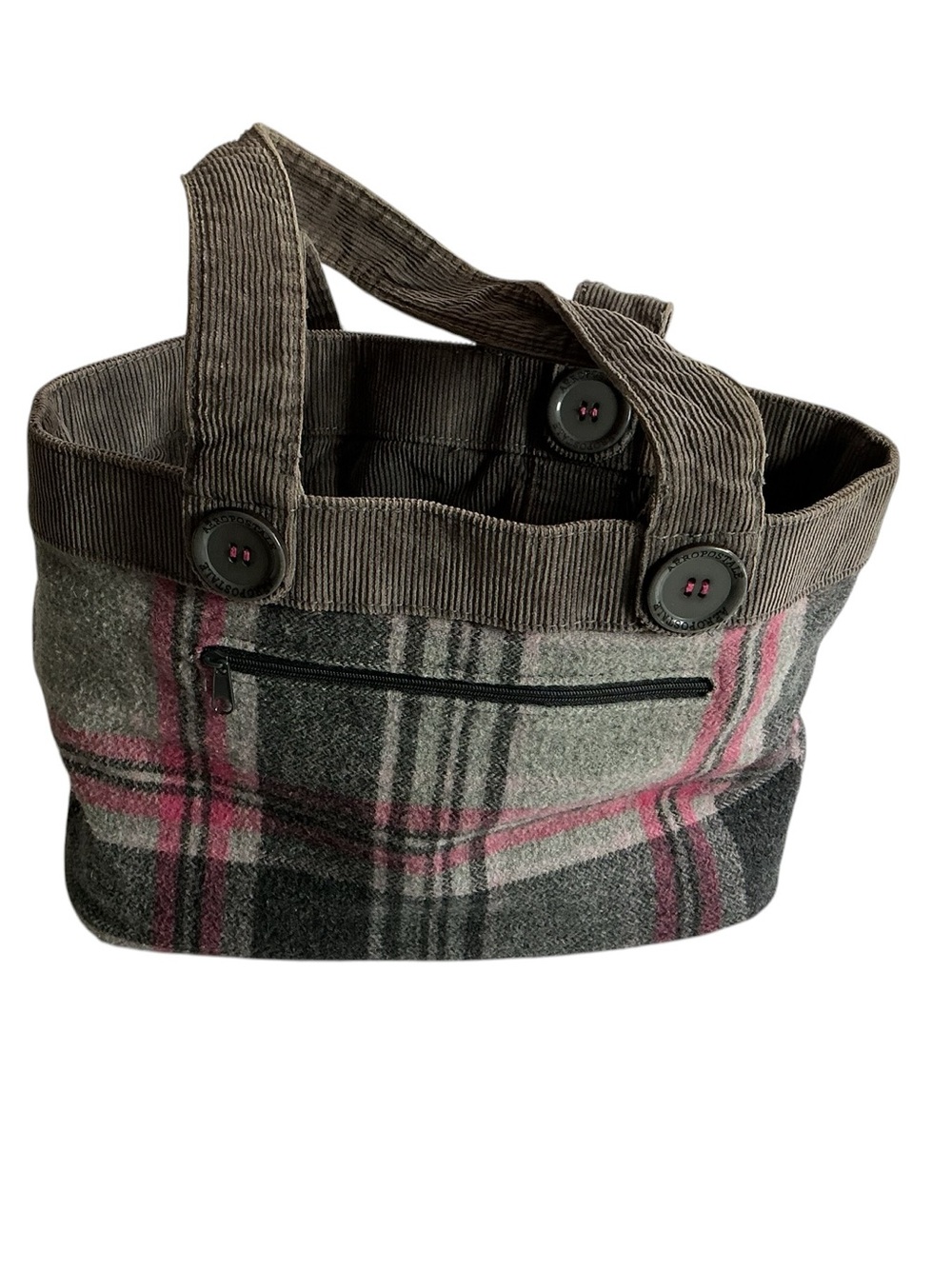 Aeropostale Small Tote Bag Pink Grey Plaid Tweed Corduroy Trim Buttons Y2K Style